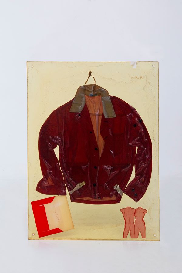 Opera artistica con giacca rossa in pannello di resina