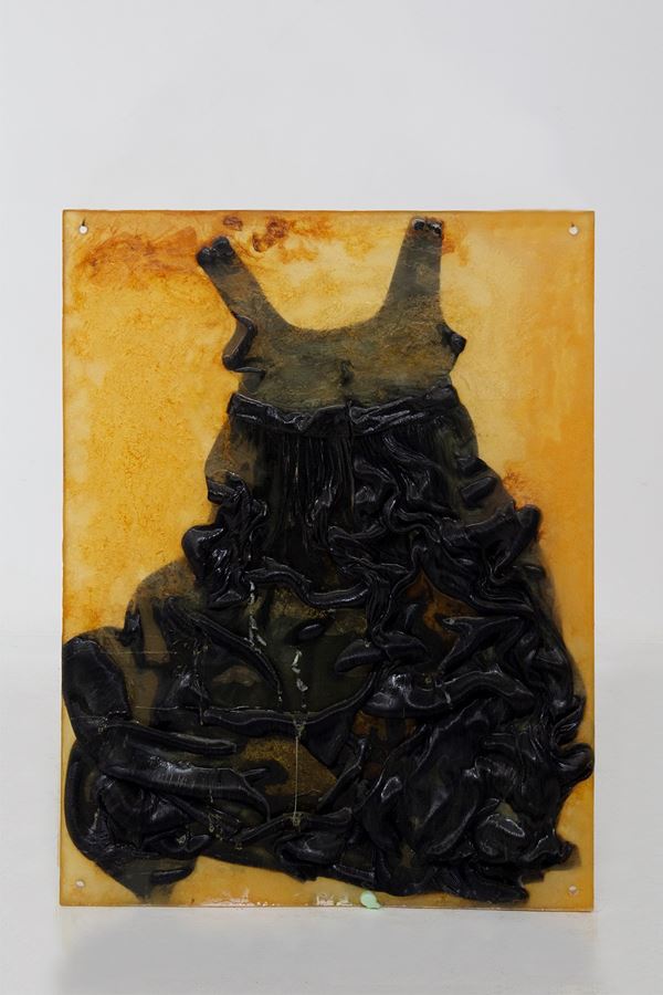 Artwork with short black dress in resin panel