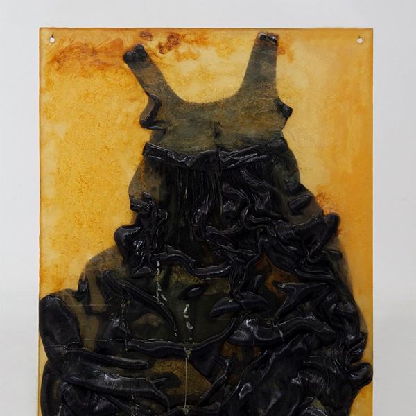 Artwork with short black dress in resin panel