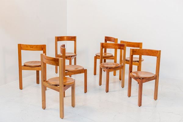 Italian Geometric Wooden Chairs Set of Eight