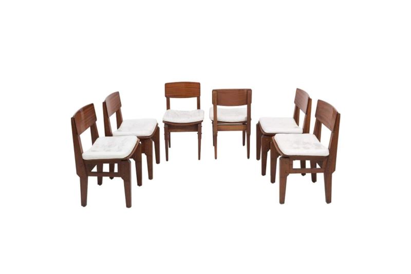 VITO SANGIRARDI. Six mahogany and fabric chairs, 1950s
