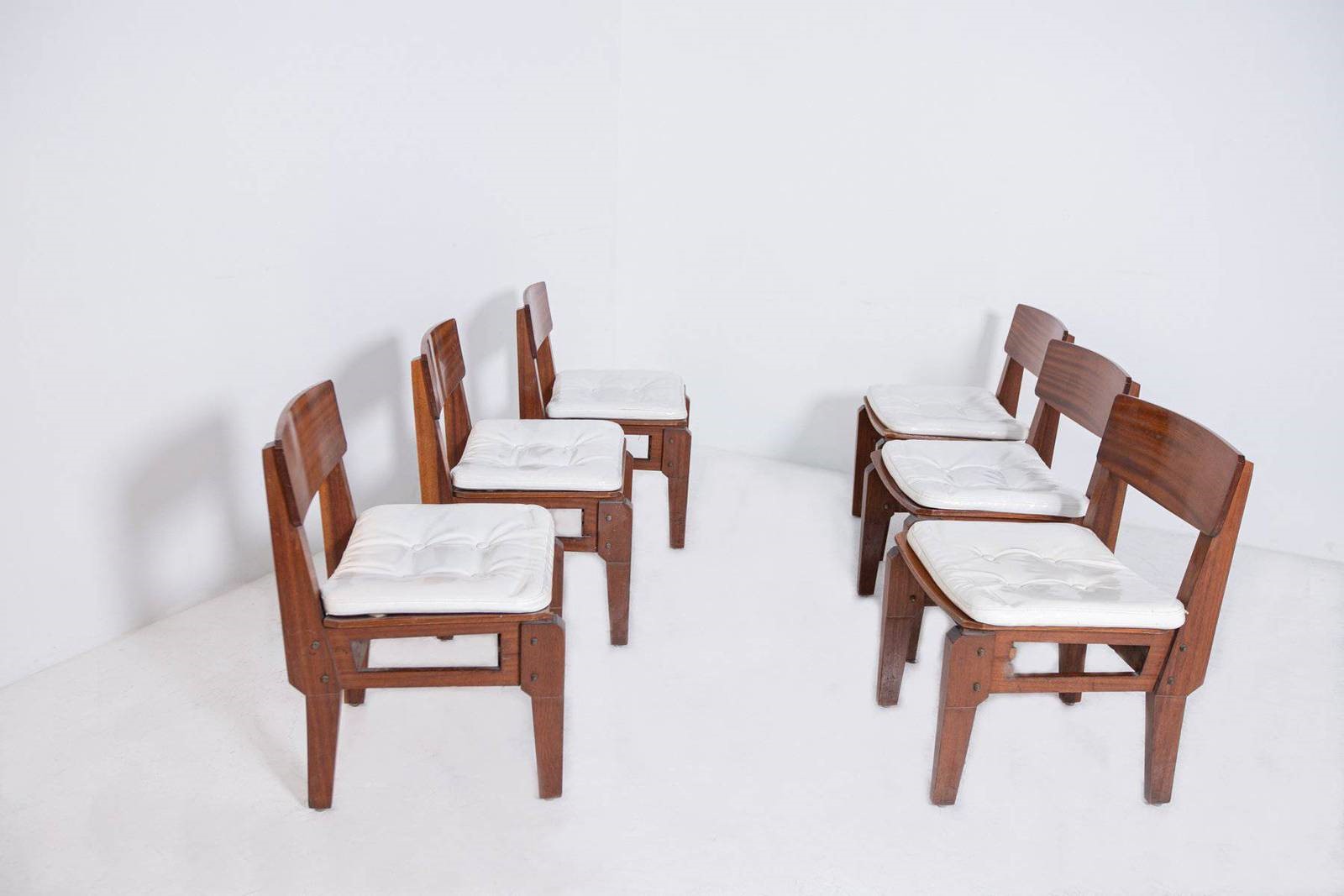 VITO SANGIRARDI. Six mahogany and fabric chairs, 1950s