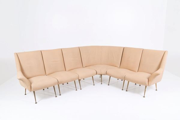 Faux-leather and brass modular sofa. Italy.