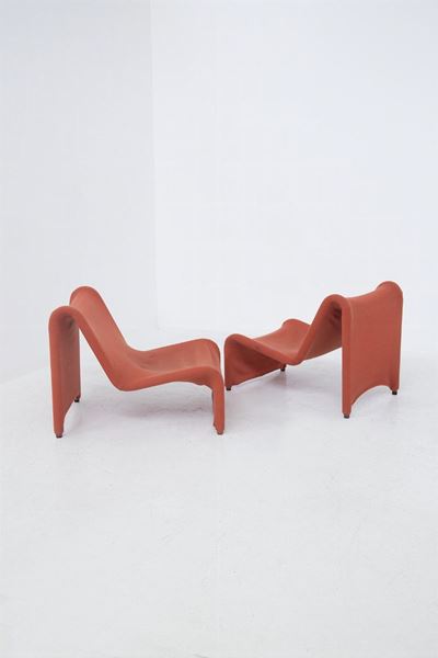 Eccentric Pair Of Italian Vintage Red Fabric Armchairs