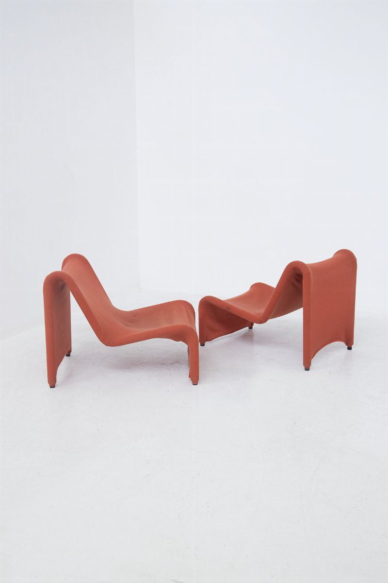 Eccentric Pair Of Italian Vintage Red Fabric Armchairs