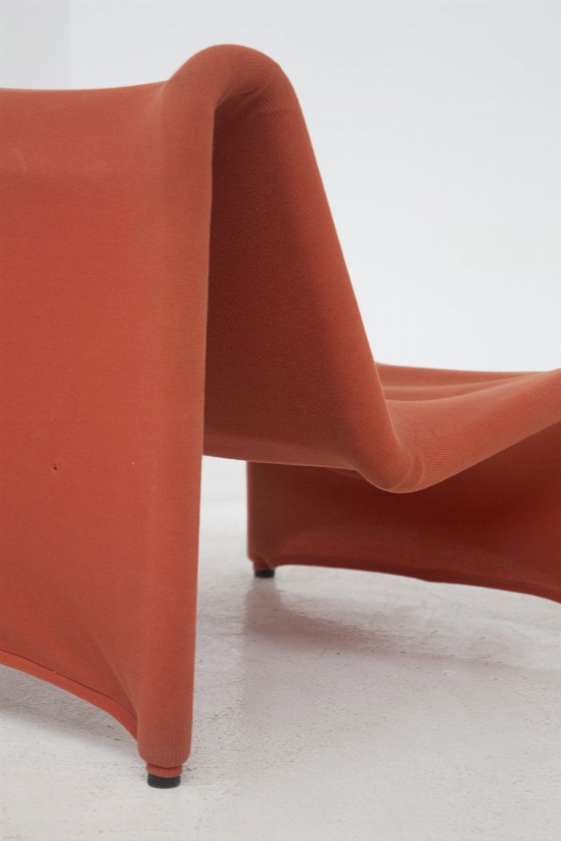 Eccentric Pair Of Italian Vintage Red Fabric Armchairs