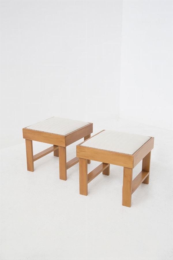 Coppia di sgabelli italiani vintage in legno e cotone lino