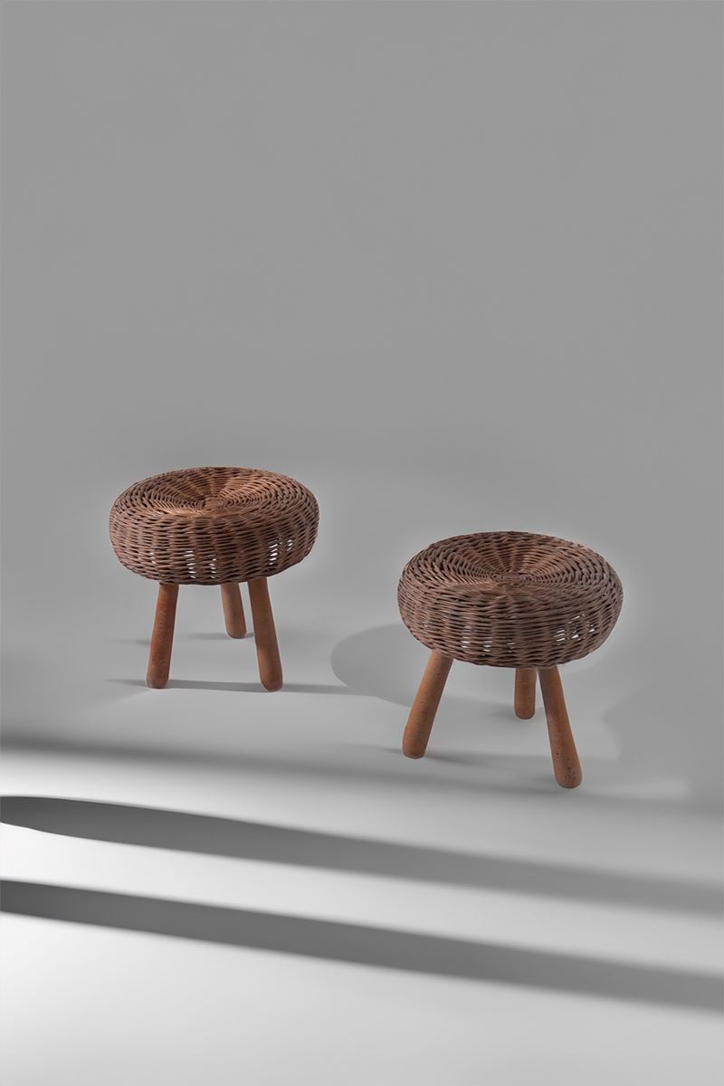 Paul Tony - Coppia di sgabelli vintage in rattan e faggio