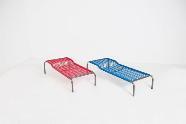 Vintage Italian red and blue plastic deck chairs