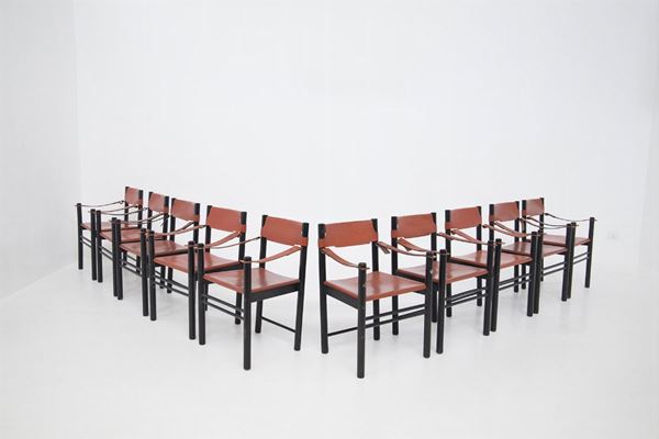Set of 10 Vintage Chairs in Black Wood and Leather by Ibisco