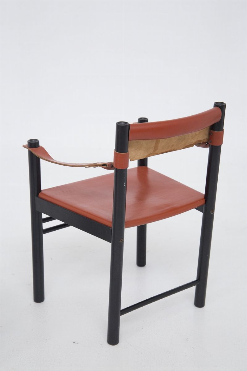 Set di 10 sedie vintage in legno e pelle nera di Ibisco