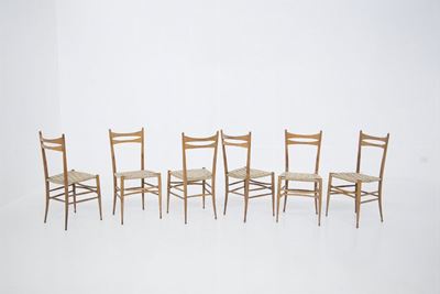 Set Of Six Italian Chairs in Rattan And Wood