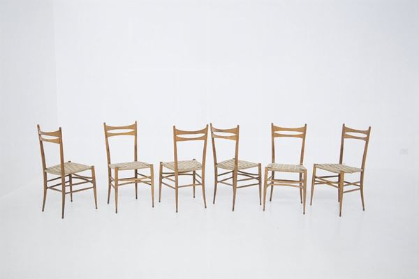 Set of Six Italian Chairs in Rattan and Wood