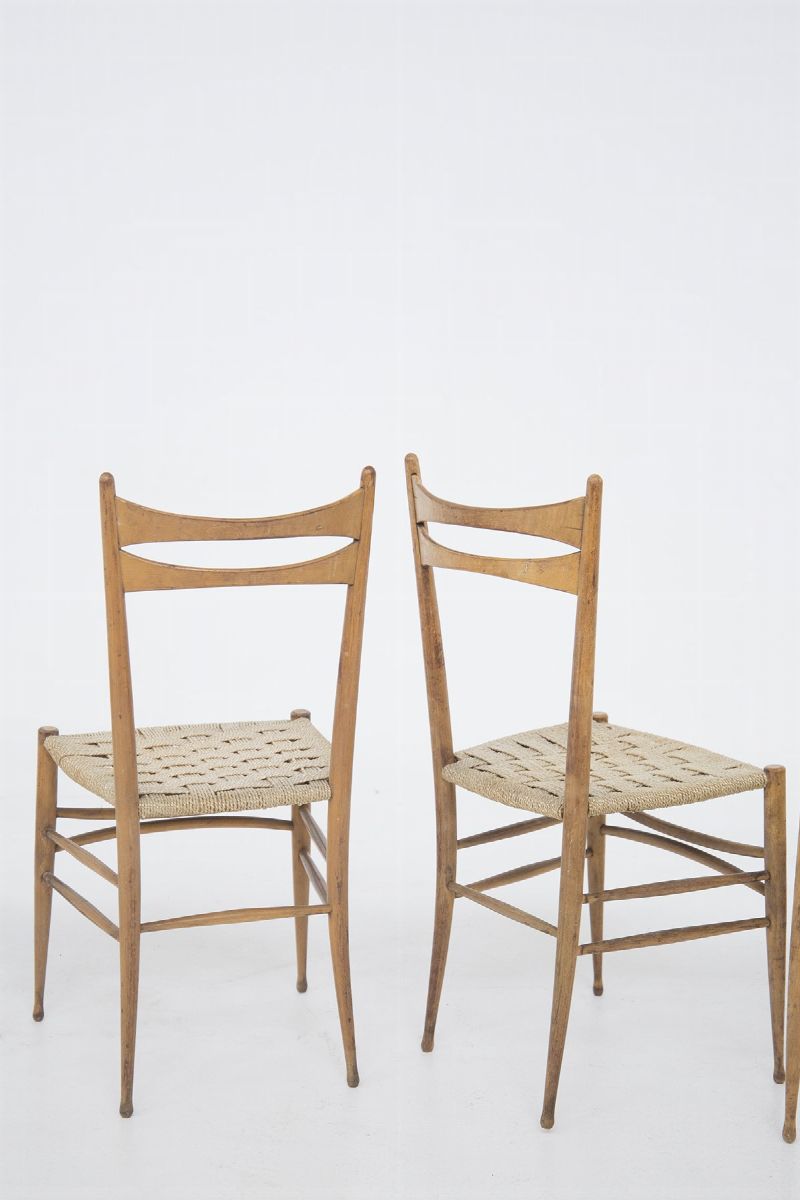Set Of Six Italian Chairs in Rattan And Wood