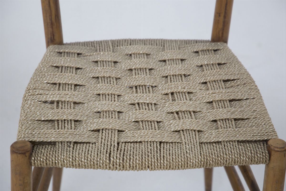 Set Of Six Italian Chairs in Rattan And Wood