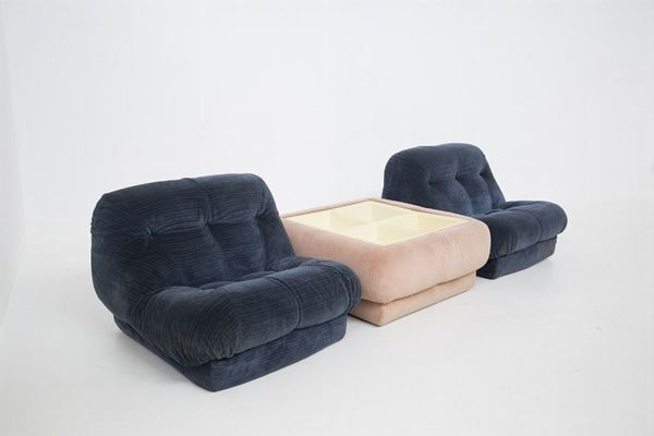 Nuvolone Armchairs in Velvet with Side Tables by Rino Maturi