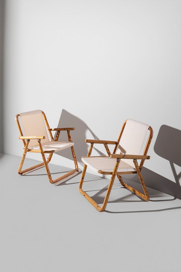 Manifattura Italiana - Pair of bamboo and brass chairs