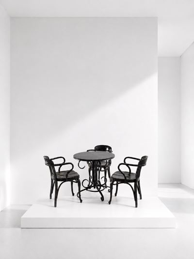 Set di tre sedie e tavolo laccato nero con etichetta