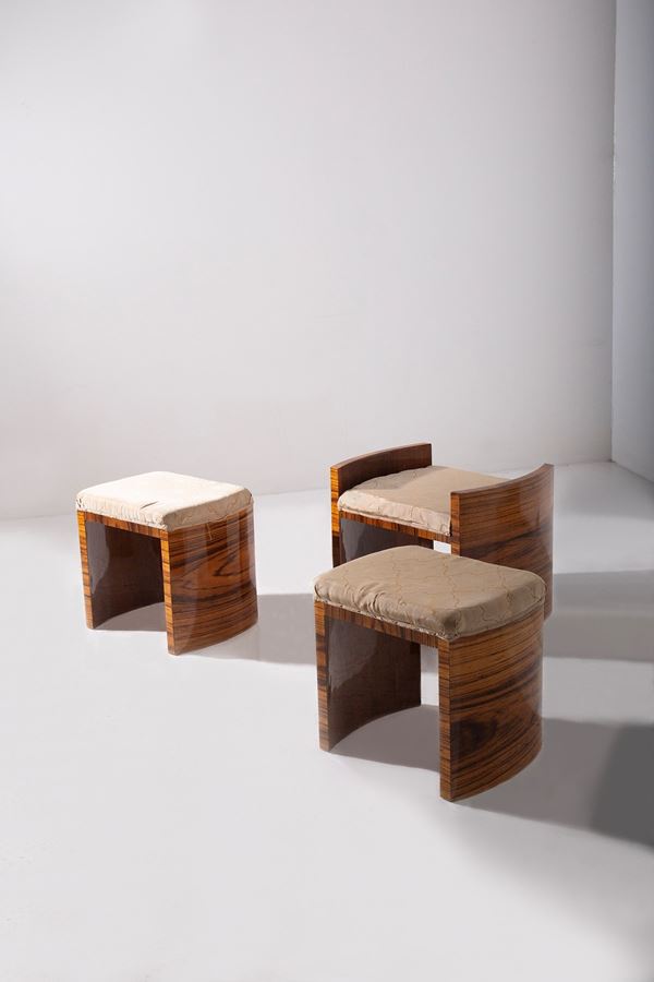 Set of Art Deco Stools in Briar Wood and Cotton