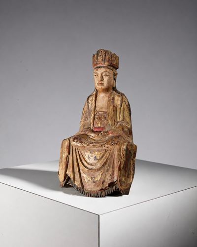 Statua in Legno Policromo Raffigurante Guanyin Bodhisattva, Ming