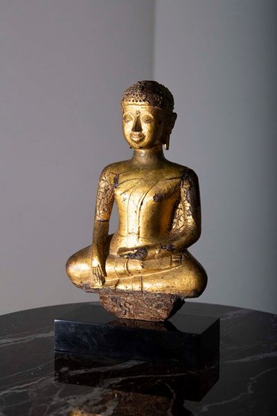 Scultura in Legno Laccato Dorato Raffigurante Buddha Birmania