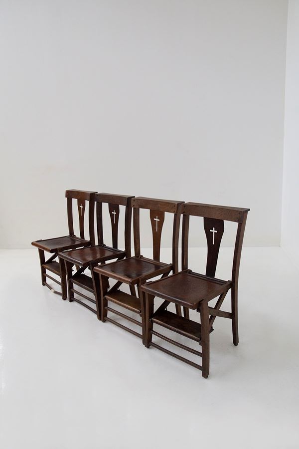 Set of four vintage Italian ecclesiastical chairs with kneeler