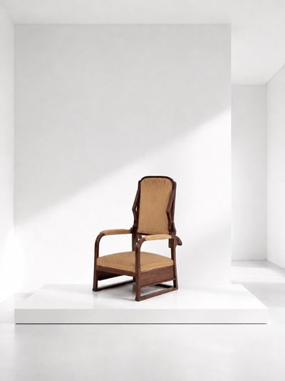 Poltrona italiana Liberty in legno curvato con rivestimento in tessuto originale e meccanismo rec...