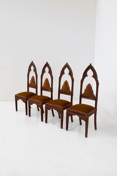 Set di Quattro Sedie Gotico Veneziano in Velluto Arancio