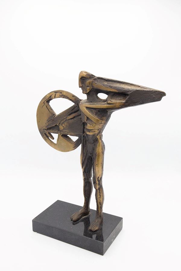Manifattura Italiana - Scultura in bronzo futurista italiano con uomo e scudo, firmata