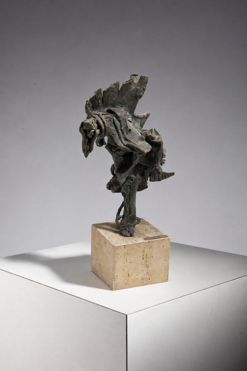 Manifattura Italiana - Scultura brutalista di uccello mitologico in bronzo, travertino e ottone (...