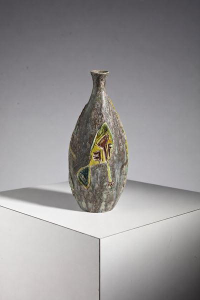 Vaso in Ceramica Grigia con Ghirigori, Firmato
