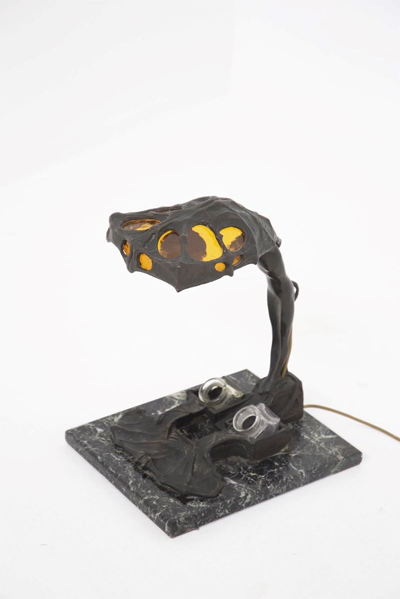 Lampada da Tavolo Art Nouveau in Bronzo e Vetro Giallo
