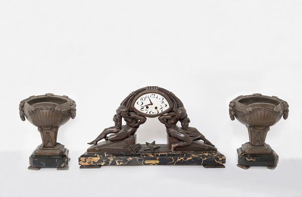 Set of Rationalist table clock and two bronze cups