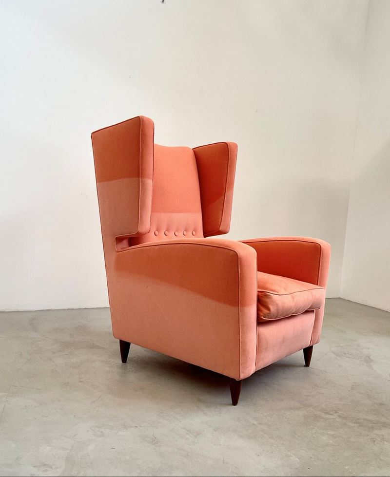 GIO PONTI (Attr). Wooden and fabric armchair, 1950s