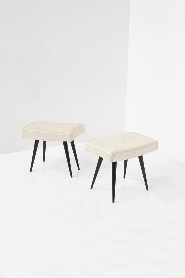 Manifattura Italiana - Italian Mid-Century Stools in Wood and Brocade