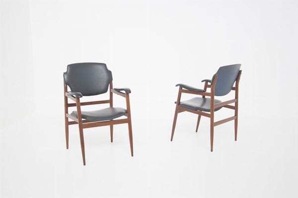 Gunnar Asplund Sweden Vintage Armchairs in Wood and Leather, Set of 2