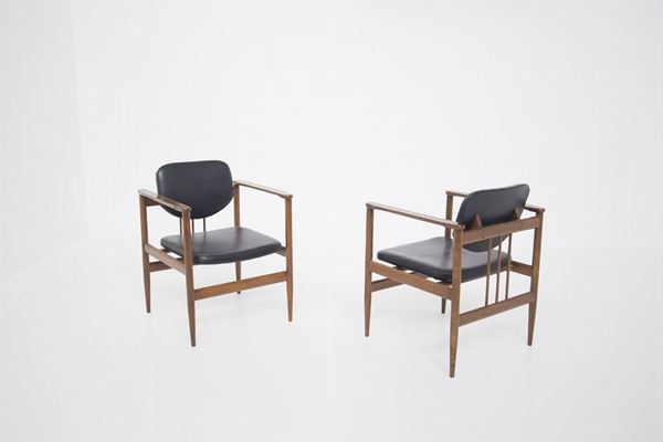 Gunnar Asplund Sweden Vintage Armchairs in Wood and Leather, Set of 2