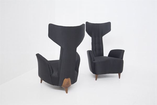 Vintage Armchairs att. to Renzo Zavanella in Wood and Silk Satin