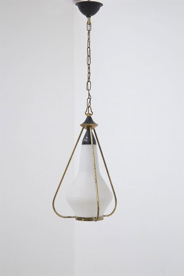 Stilnovo Pendant in Opaline Glass and Brass