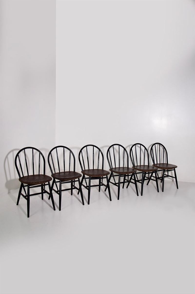 Set di sei sedie in legno e sughero