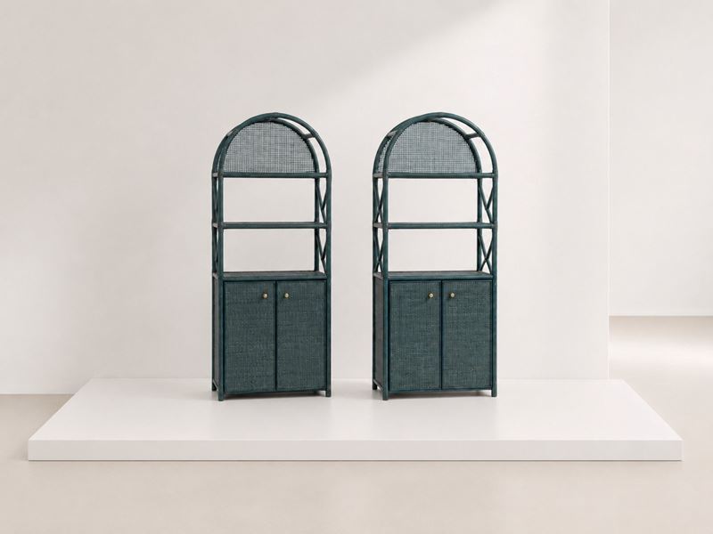 Manifattura Italiana - Coppia di librerie in bambù laccato blu-verde, rattan e ottone (circa 1980...