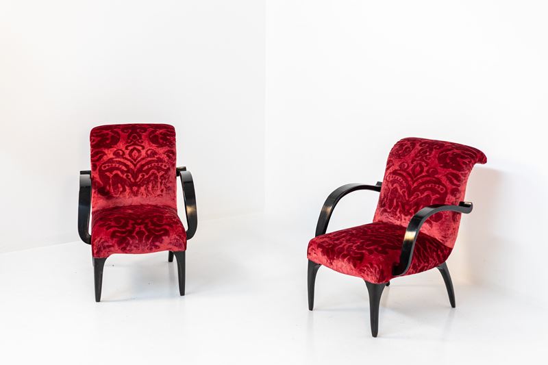 Gilbert Rohde Att. Pair of American Armchairs in Red Velvet Damask and Wood