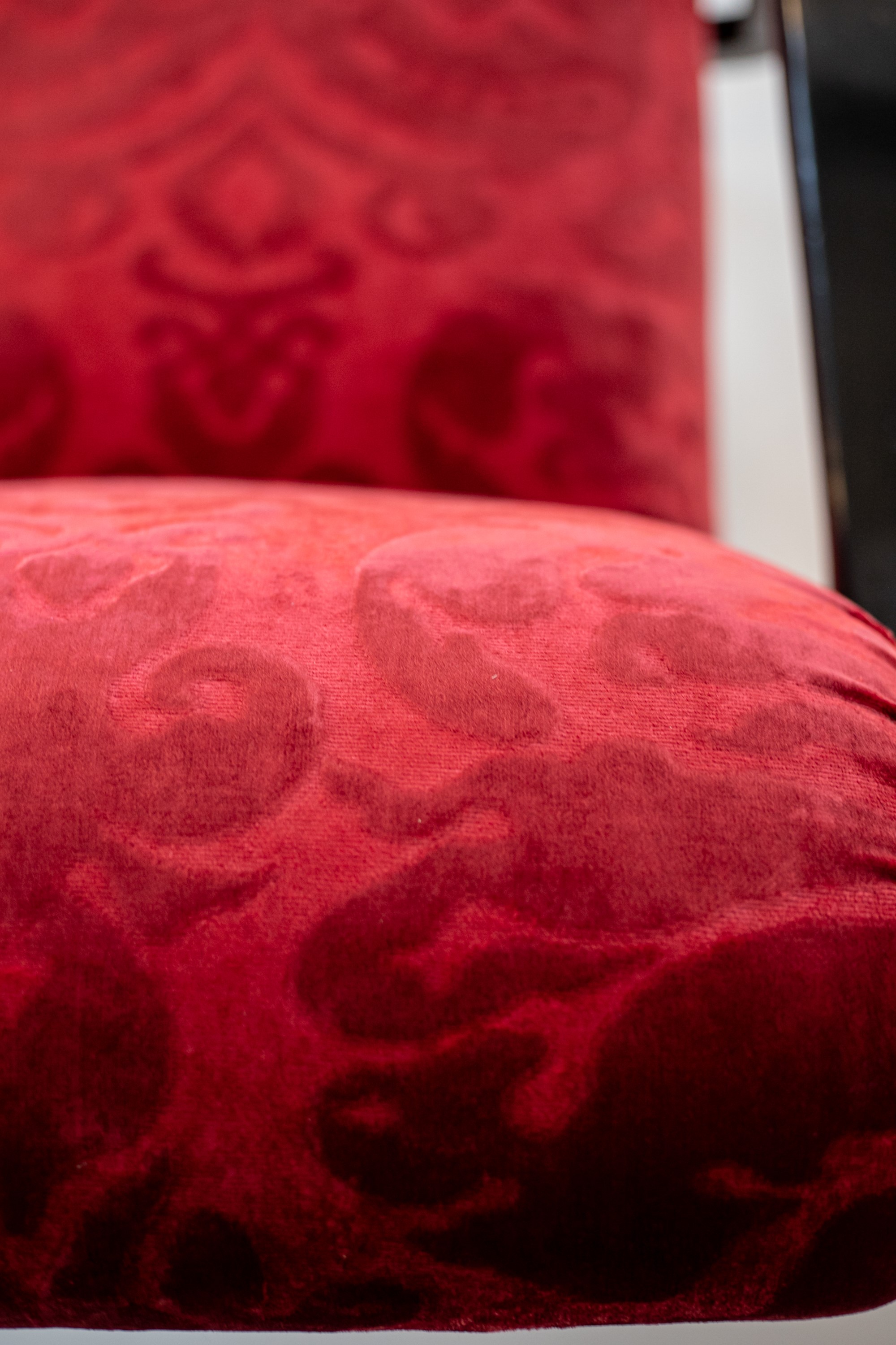 Gilbert Rohde Att. Pair of American Armchairs in Red Velvet Damask and Wood