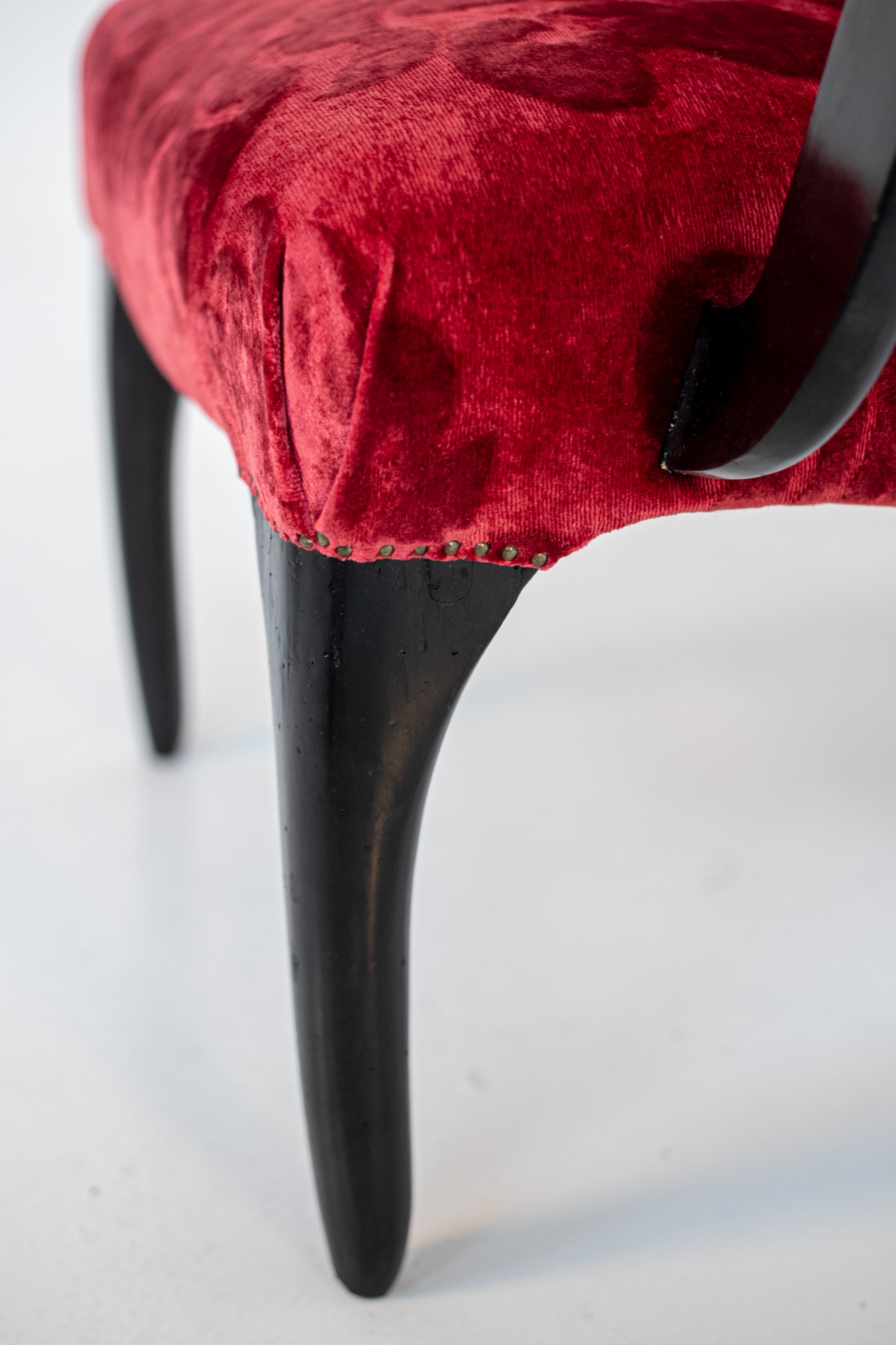 Gilbert Rohde Att. Pair of American Armchairs in Red Velvet Damask and Wood