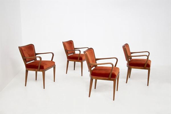 Osvaldo Borsani - Set of Four Chairs in Orange Velvet and Wood, Published