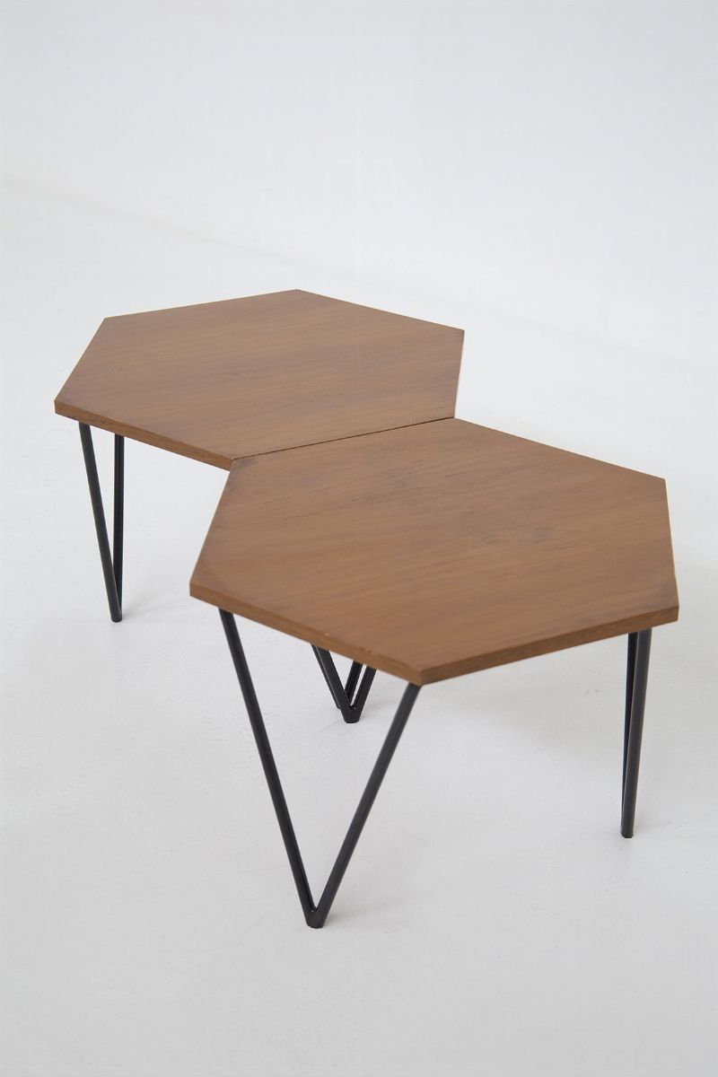 Pair Of Hexagonal Coffee Tables in Wood By Isa Bergamo, Original Label