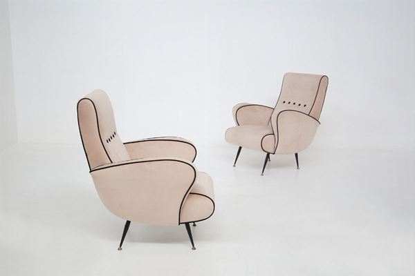 Italian Vintage Armchairs in Pink and Black Velvet and Brass