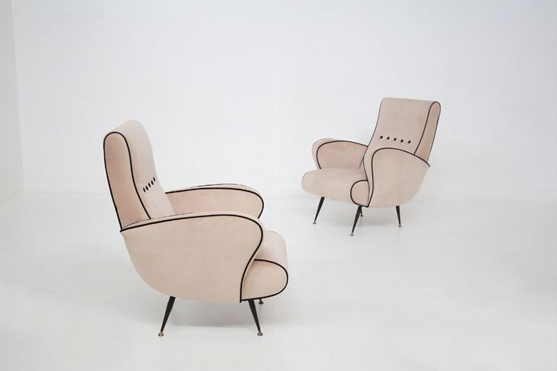 Poltrone Vintage Italiane in Velluto Rosa e Nero e Ottone