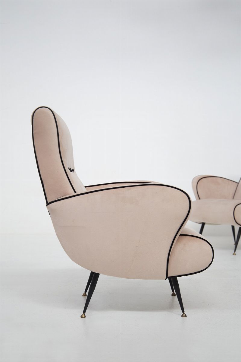 Poltrone Vintage Italiane in Velluto Rosa e Nero e Ottone