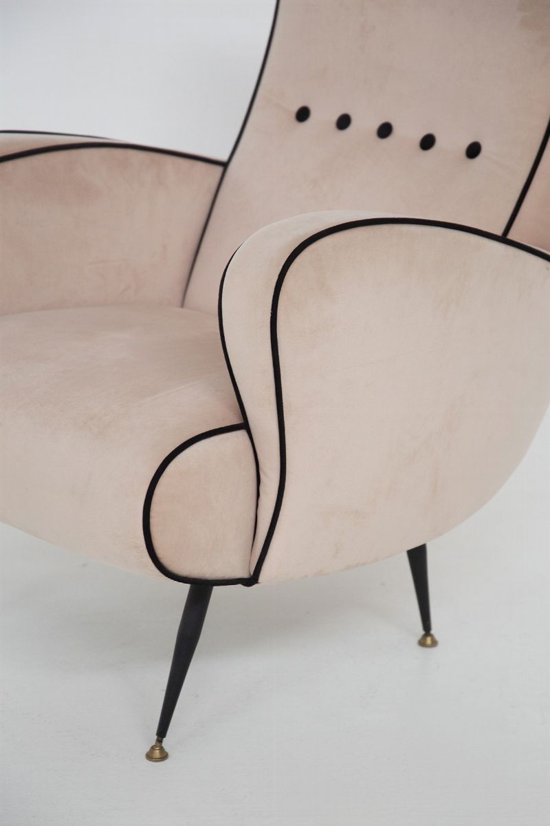 Poltrone Vintage Italiane in Velluto Rosa e Nero e Ottone